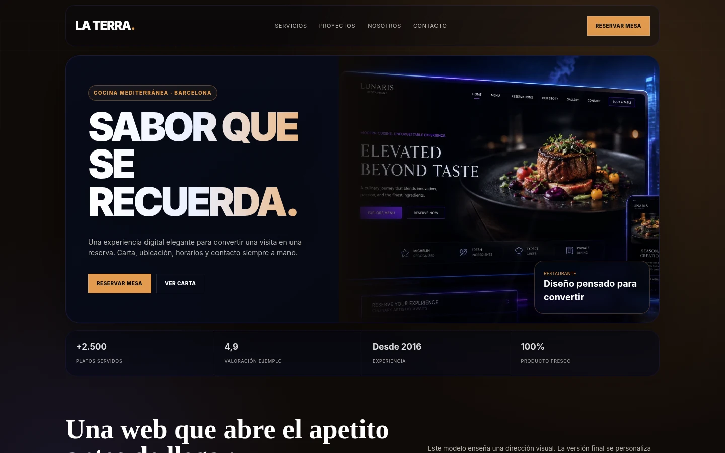 Vista web del modelo restaurante